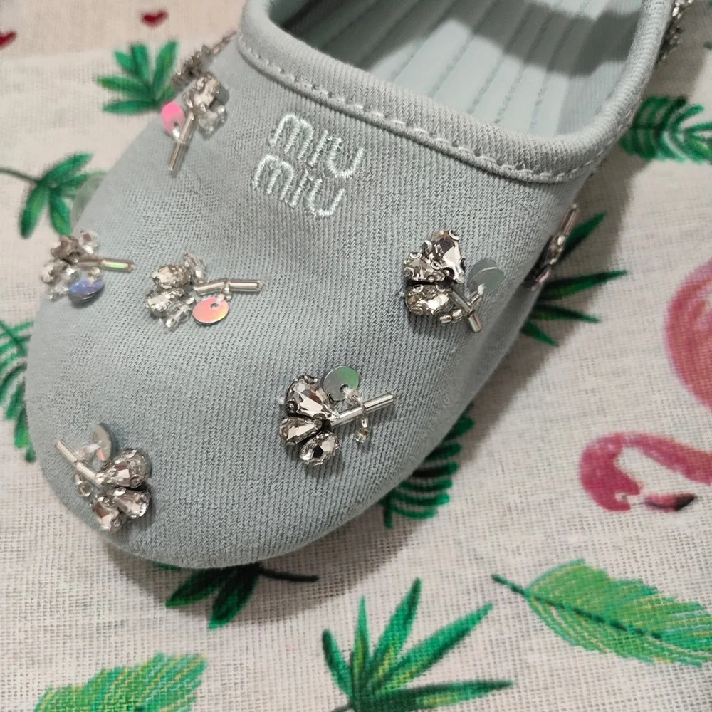 Miu Miu Pale Blue Jeweled Mary Jane Flats